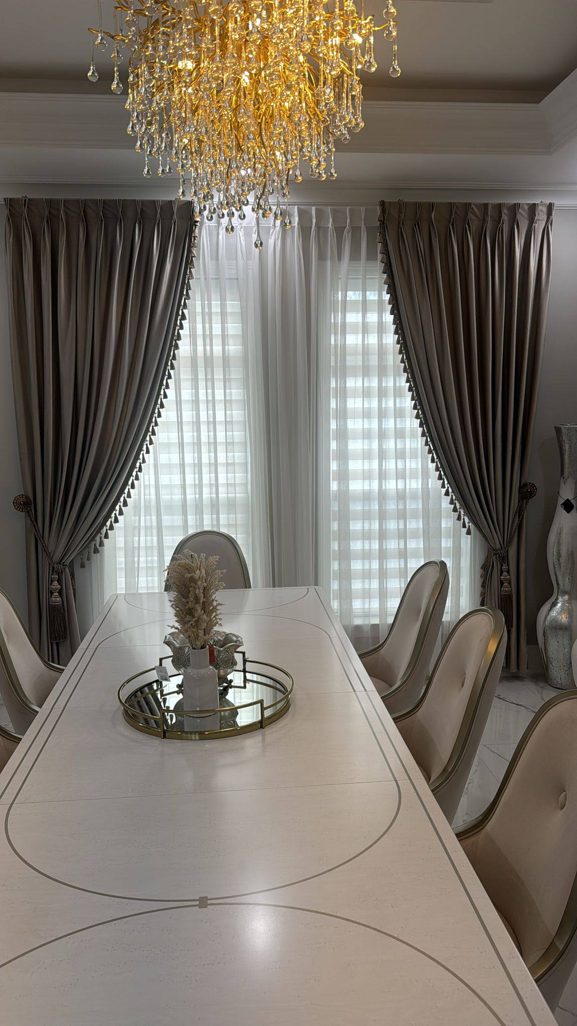 Modern layered drapery with blackout lining and sheer overlay panels